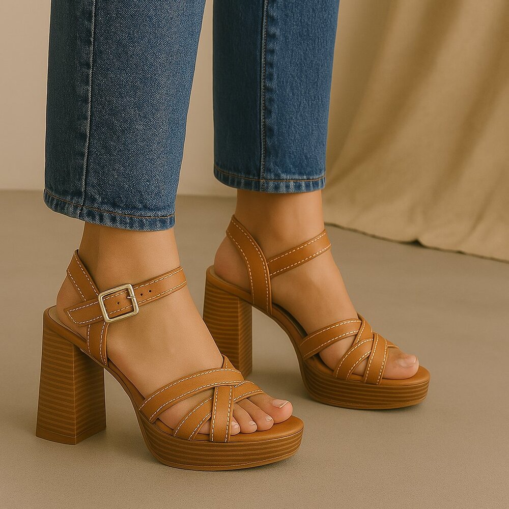 TAN TRIM PLATFORM WOOD WEDGE HEEL - NON-BRANDED - Picture 7 of 7
